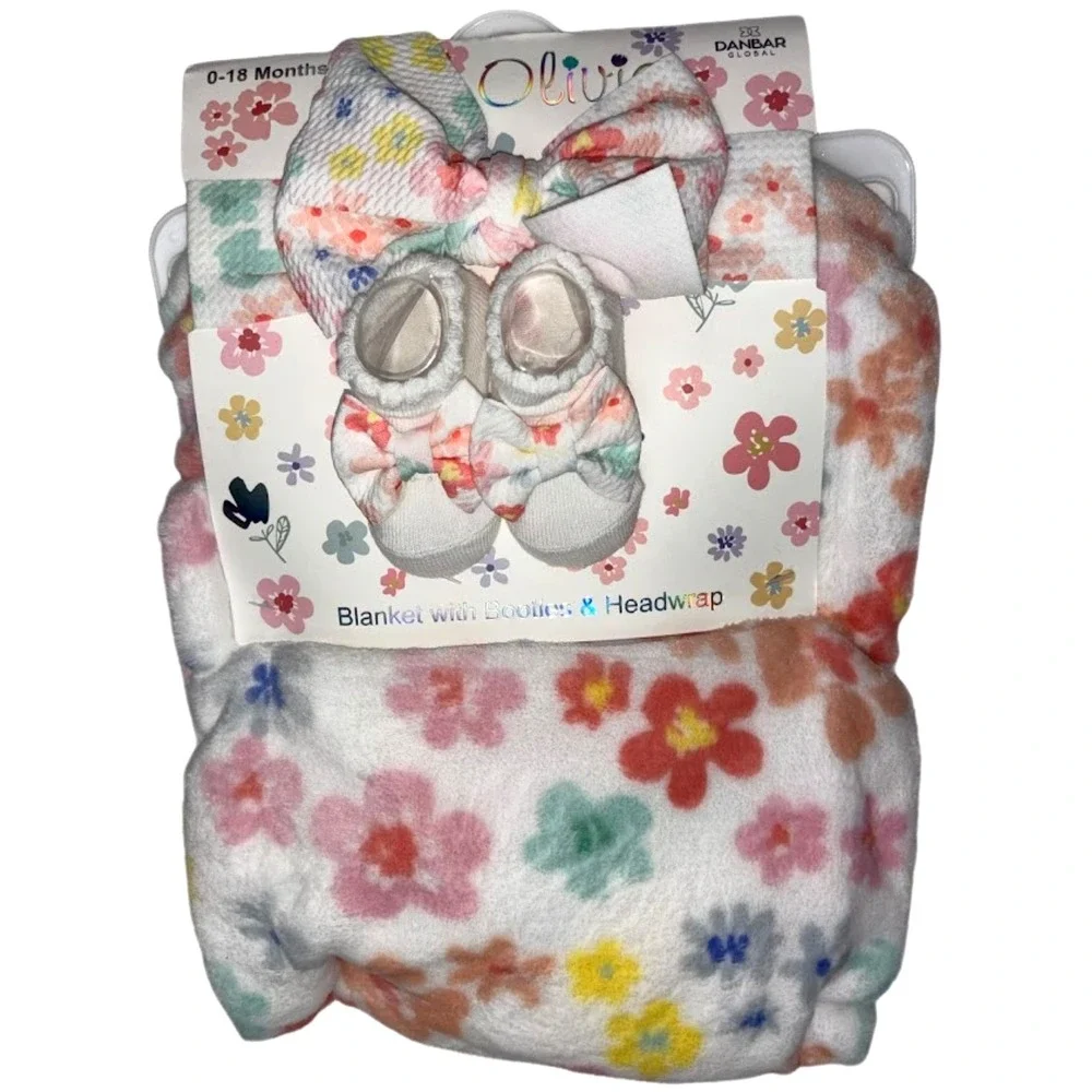 Ava Olivia Baby Girl Plush Flower Blanket Booties‎ Headband Bow Set Gift NWT